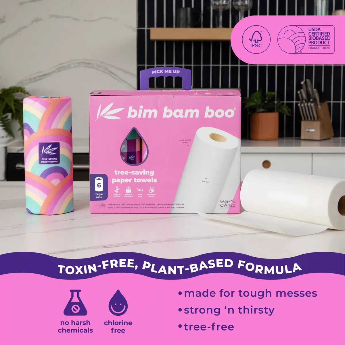Bim Bam Boo Make-A-Size Continuous Roll Bamboo Paper Towels - 6 Large Rolls - 2-Ply - 108 Sheets