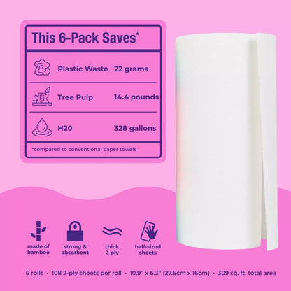 Bim Bam Boo Make-A-Size Continuous Roll Bamboo Paper Towels - 6 Large Rolls - 2-Ply - 108 Sheets
