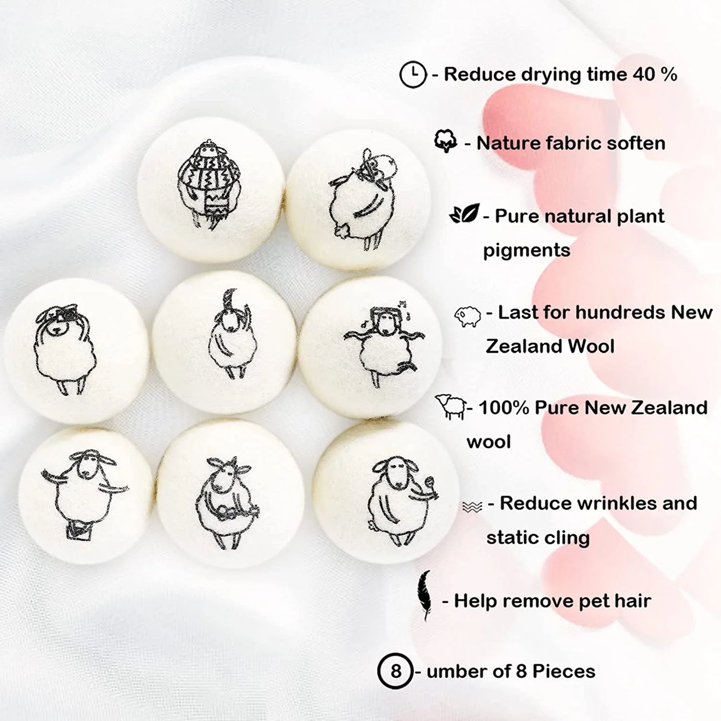 Wool Dryer Balls, 8 Pack, Organic Dryer Balls, 100% New Zealand Wool Handmade Chemical-Free Eco Dryer Balls - anti Static-