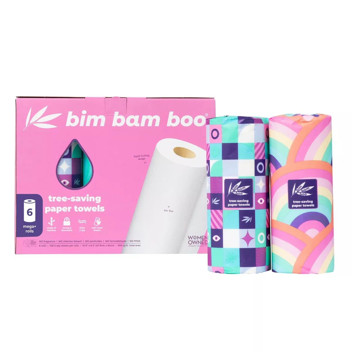 Bim Bam Boo Make-A-Size Continuous Roll Bamboo Paper Towels - 6 Large Rolls - 2-Ply - 108 Sheets
