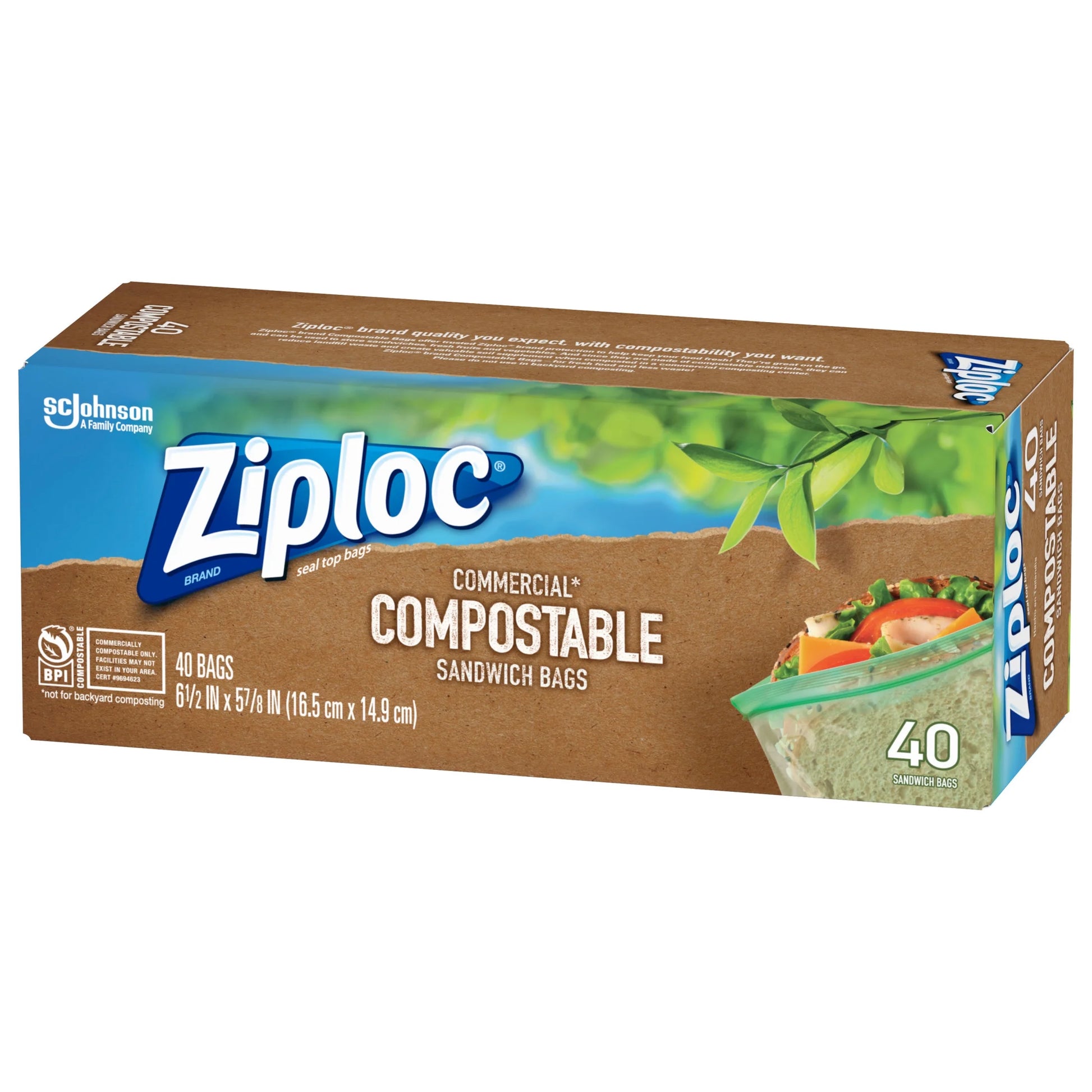 ® Compostable Sandwich Bags, Food Storage Zipper Bags, 40 Count