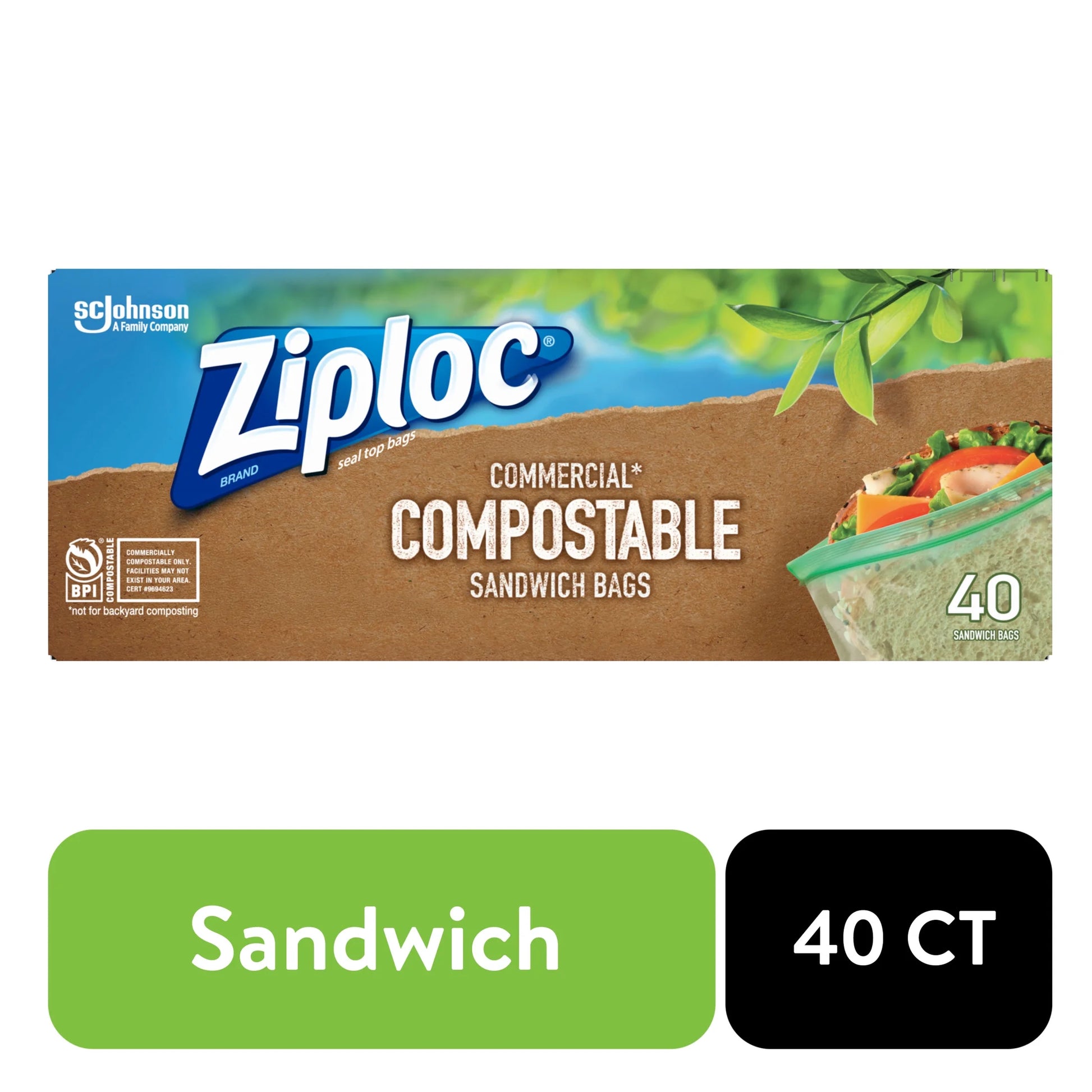 ® Compostable Sandwich Bags, Food Storage Zipper Bags, 40 Count