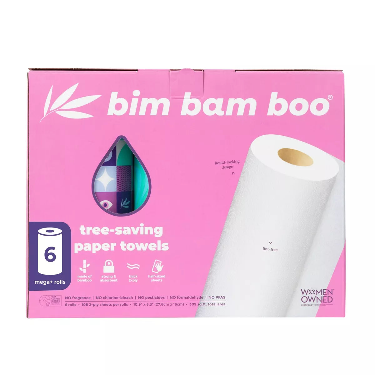 Bim Bam Boo Make-A-Size Continuous Roll Bamboo Paper Towels - 6 Large Rolls - 2-Ply - 108 Sheets